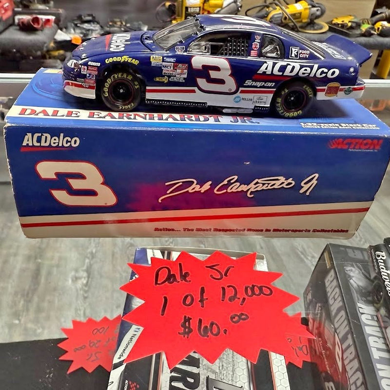 Blue NASCAR diecast model car with black #3 on box, ACDelco and Dale Earnhardt Jr.