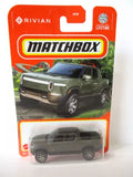 Green Rivian R1T diecast pickup in Matchbox blister package