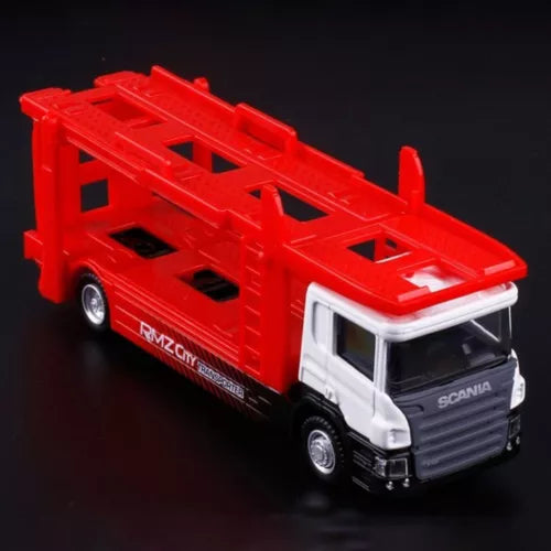 1:64 Scania trailer diecast truck model with red flatbed and white cab front