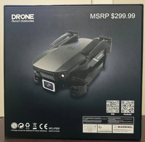 Obstacle-avoiding drone with front camera, shown in retail box packaging