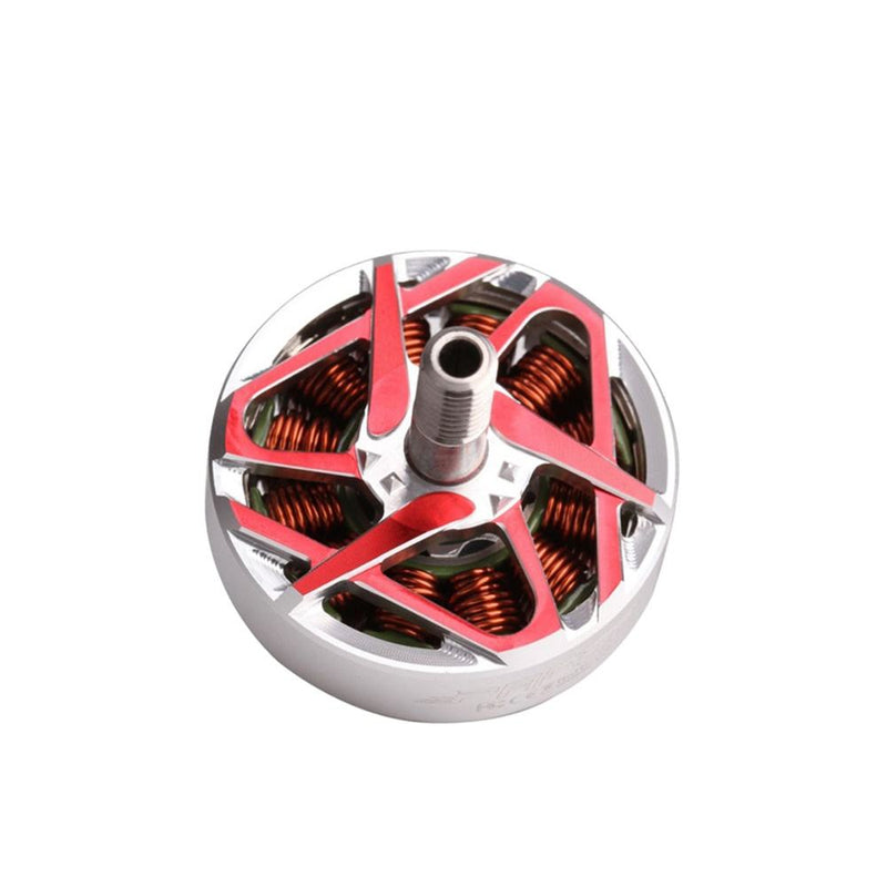 Brushless multirotor motor with red and black copper windings and silver housing