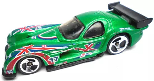 Green die-cast race car with red and blue graphics, side view, open cockpit
