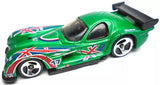 Green die-cast race car with red and blue graphics, side view, open cockpit