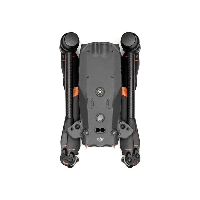 Foldable drone with front camera pod and dual landing legs, black with orange accents