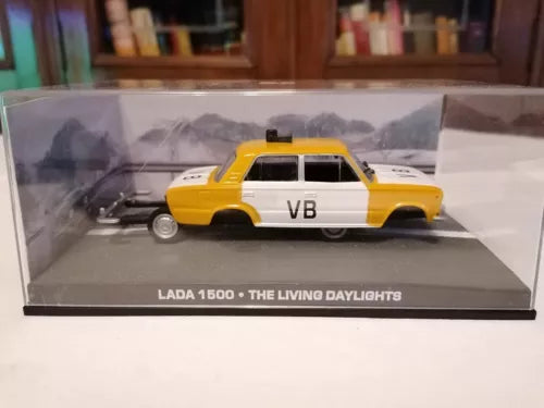 Yellow diecast car in display case: LADA 1500 The Living Daylights VB