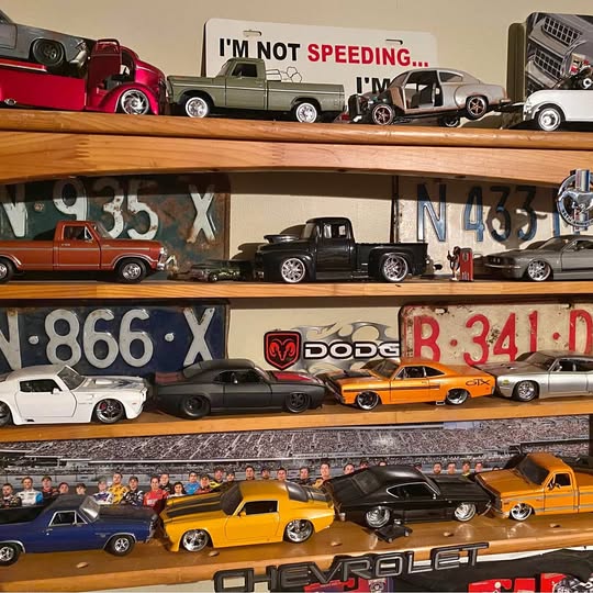 1/24 diecast model cars in assorted colors displayed on a wooden shelf