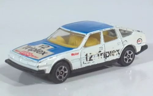 Diecast rally car model with blue hood and white body, side decals, black wheels