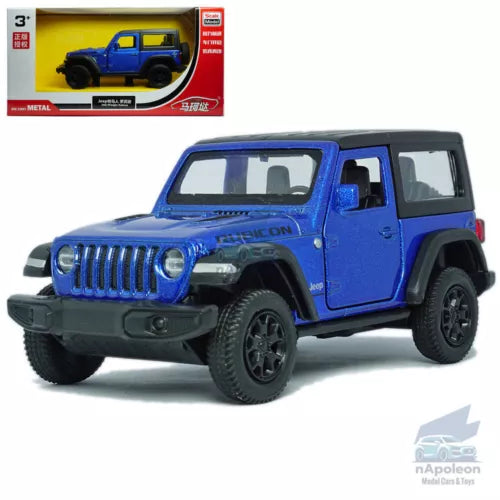 Blue Jeep Wrangler Rubicon diecast hard-top toy SUV, front 3/4 view, black wheels