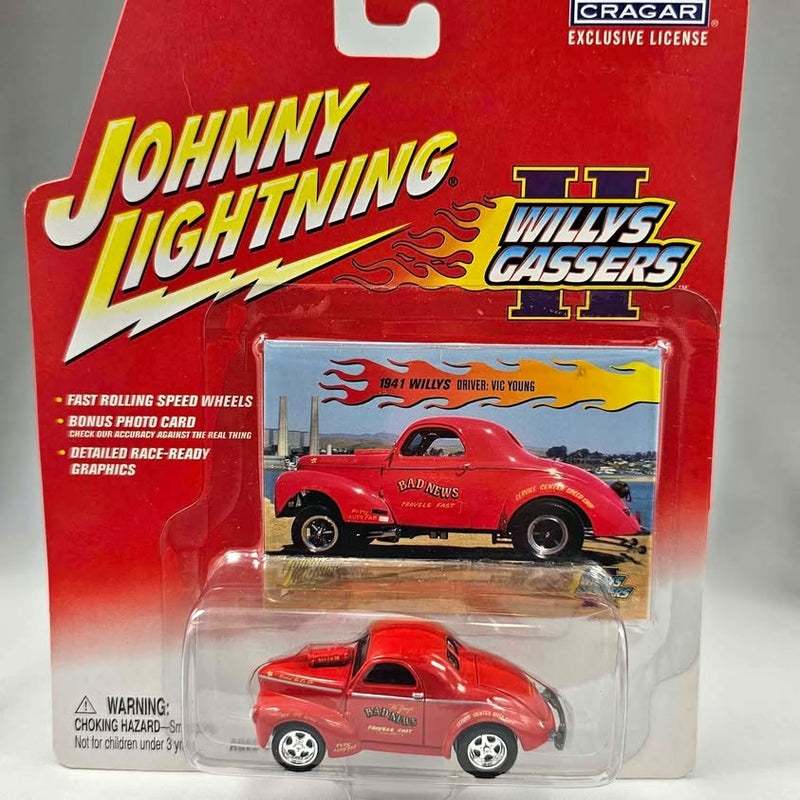 Red 1941 Willys gasser II diecast car with white wheels and side graphics