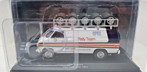 1:43 Opel rally team diecast car in clear display box, gray with red stripes