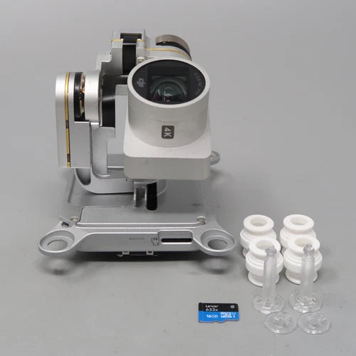 Gray gimbal camera with mounted lens and camera body assembly