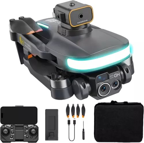 Foldable quadcopter drone with camera, LED ring lights, controller, and carrying case