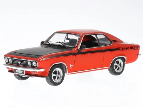Red and black 1973-style coupe diecast model car, front three-quarter view