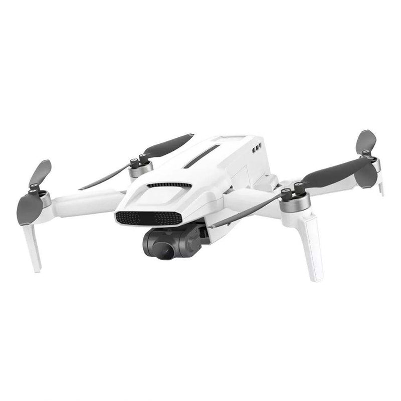 White quadcopter drone with 3-axis camera gimbal and foldable propellers