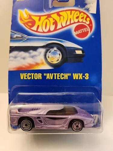 Hot Wheels 1:64 diecast car, purple Vector 'Avtech' WX-3, in blister pack