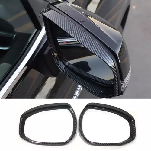 Diecast car mirror trim, carbon-fiber style black frames, pair of covers