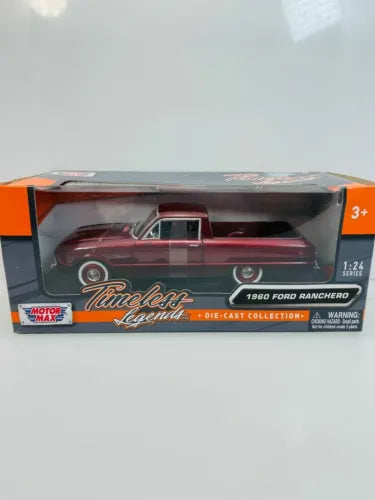 1960 Ford Ranchero diecast model car in retail box, dark red with chrome details