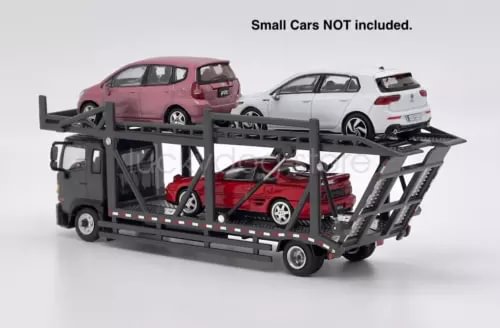 Gray diecast double transport truck model with two cars on open metal carrier platform