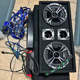 Car audio speaker kit with two round tweeters and wired subwoofer drivers