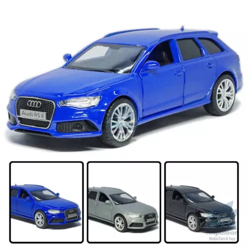 Blue Audi RS6 Avant diecast model car with alloy wheels, front three-quarter view