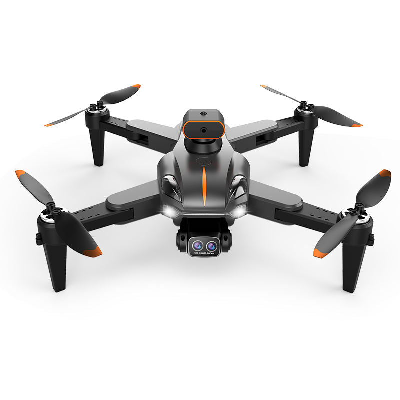 Mini quadcopter drone with 4 propellers, front camera, gray body with orange accents