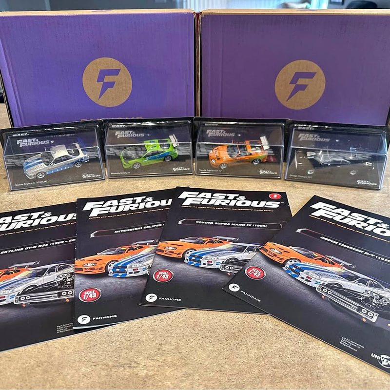 Fast & Furious 1:43 diecast cars in clear boxes, assorted designs