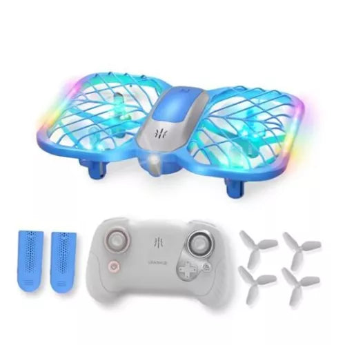 Mini LED RC quadcopter with controller, four propellers, and blue lighted body