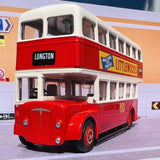 Red diecast double-decker model bus with front and side windows