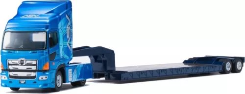 Diecast truck and trailer model with blue cab and black flatbed