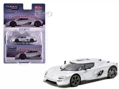 1/64 diecast model car of Koenigsegg CC850, white/silver track-ready coupe