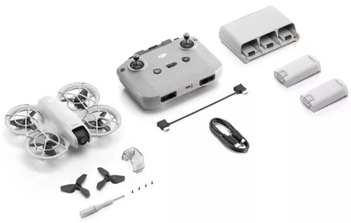 Foldable drone with RC controller, spare batteries, and charging accessories set
