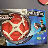 Motion-controlled drone toy in retail box, blue packaging with 6-axis stabilizer design