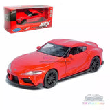 Red Toyota Supra 1:36 diecast model car, front 3/4 view, alloy wheels