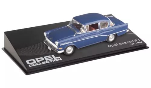 Blue Opel Rekord P1 diecast model car on black display base