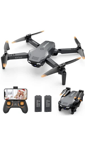 Gray mini quadcopter drone with camera, 4 propellers, remote controller and batteries