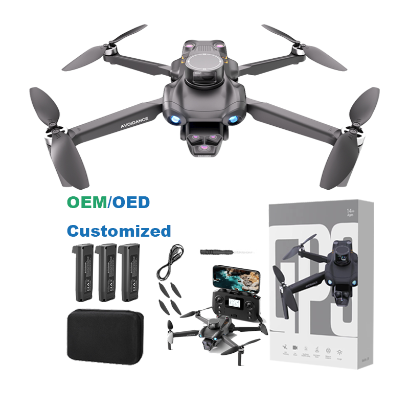 Mini RC quadcopter drone with 1080 HD camera, gray body and blue LED lights