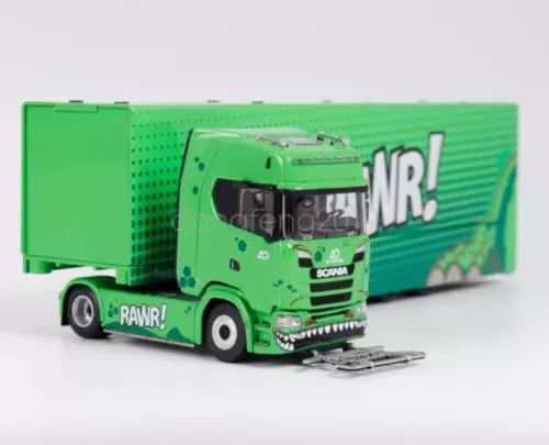 Green Scania S730 enclosed double-deck truck diecast model, front-left view