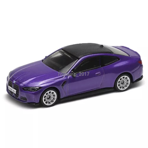 1/64 scale BMW M4 G82 diecast toy car, purple, front-side view