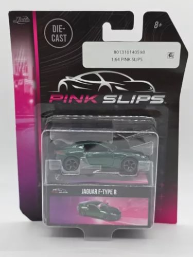 Die-cast car model in retail box, teal vehicle labeled Pink Slips