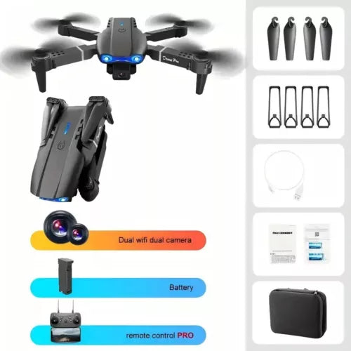 Folding quadcopter drone with front dual cameras and blue status lights, remote included