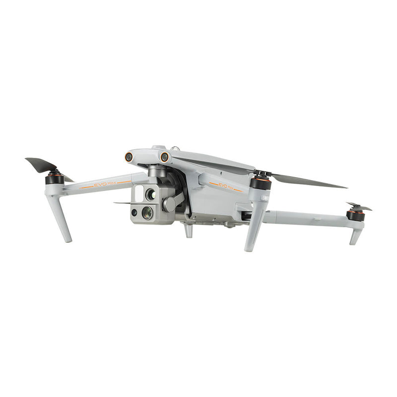 Gray quadcopter drone with front dual camera and four propellers