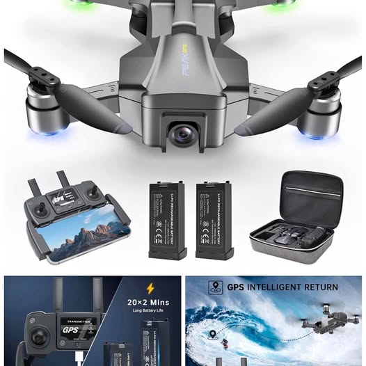 Foldable GPS drone with 4K camera, controller, extra batteries, and carry case