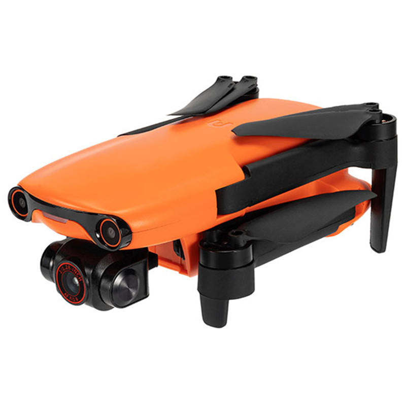 Orange and black quadcopter drone with front cameras and 3-axis gimbal