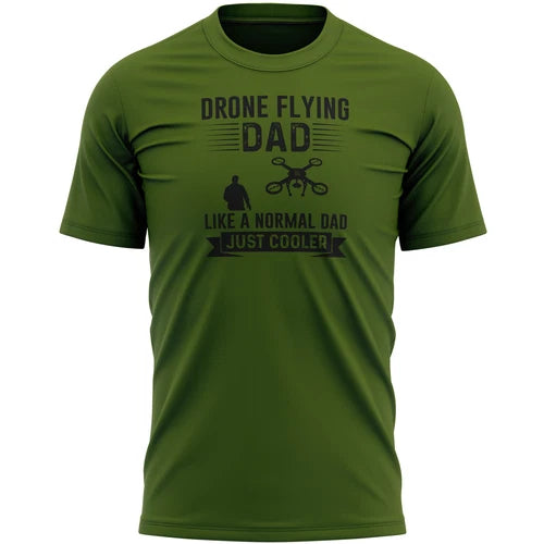 Men's green graphic t-shirt with Drone Flying Dad text and drone icon
