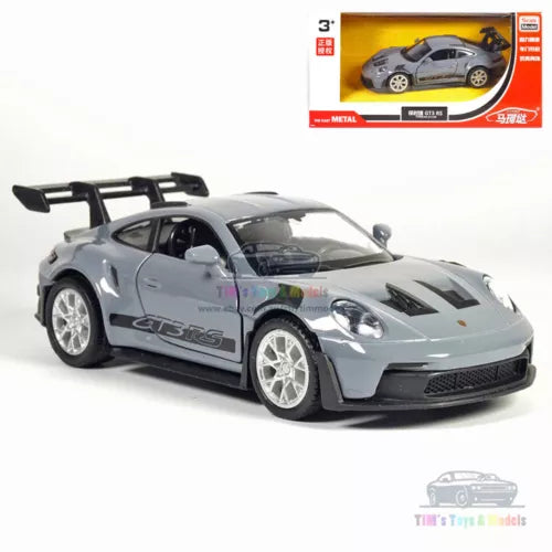 Grey Porsche-style 1:36 diecast model car with black racing stripes, front 3/4 view
