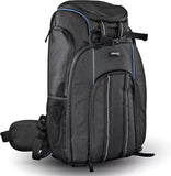 Black drone backpack with blue trim, front zip pocket and adjustable shoulder straps