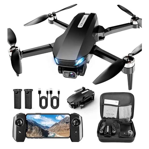 Black FPV drone with 4 propellers and camera; comes with controller, phone mount, and case