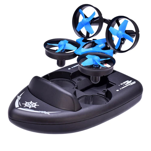 3-in-1 remote control drone boat toy, blue quad propellers, black body
