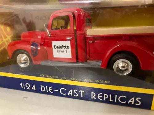Red 1:24 die-cast pickup truck model with Deloitte logo on door
