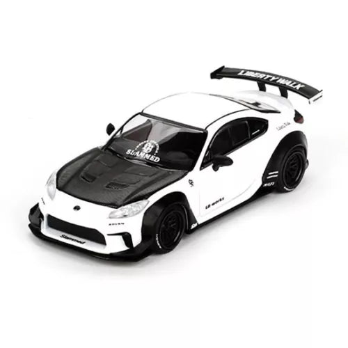 Mini GT 1:64 diecast model car, white Toyota GR86 with black hood and rear wing.